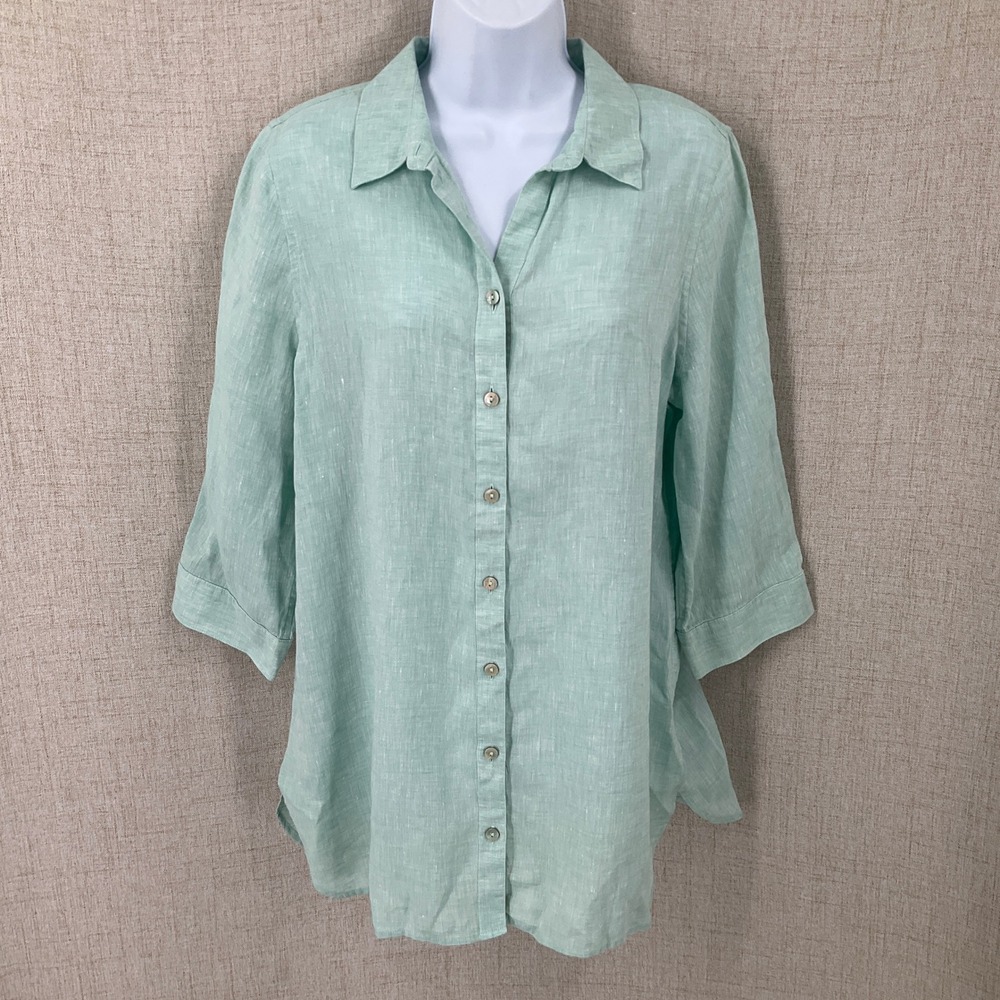 Chico's Button Down Shirt Women M Mint Green Linen No Iron Coastal Classic Airy